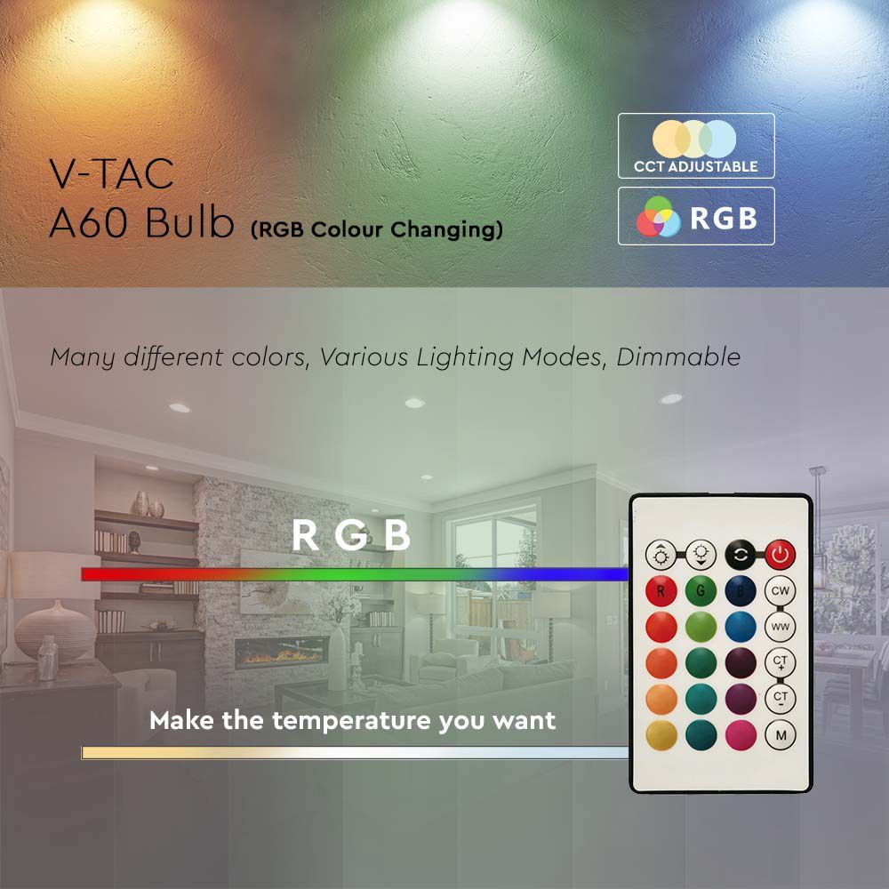 LED-lamp E27 A60 V-TAC SMART 8,5W RGB+4000K Dimbaar START VT-2229