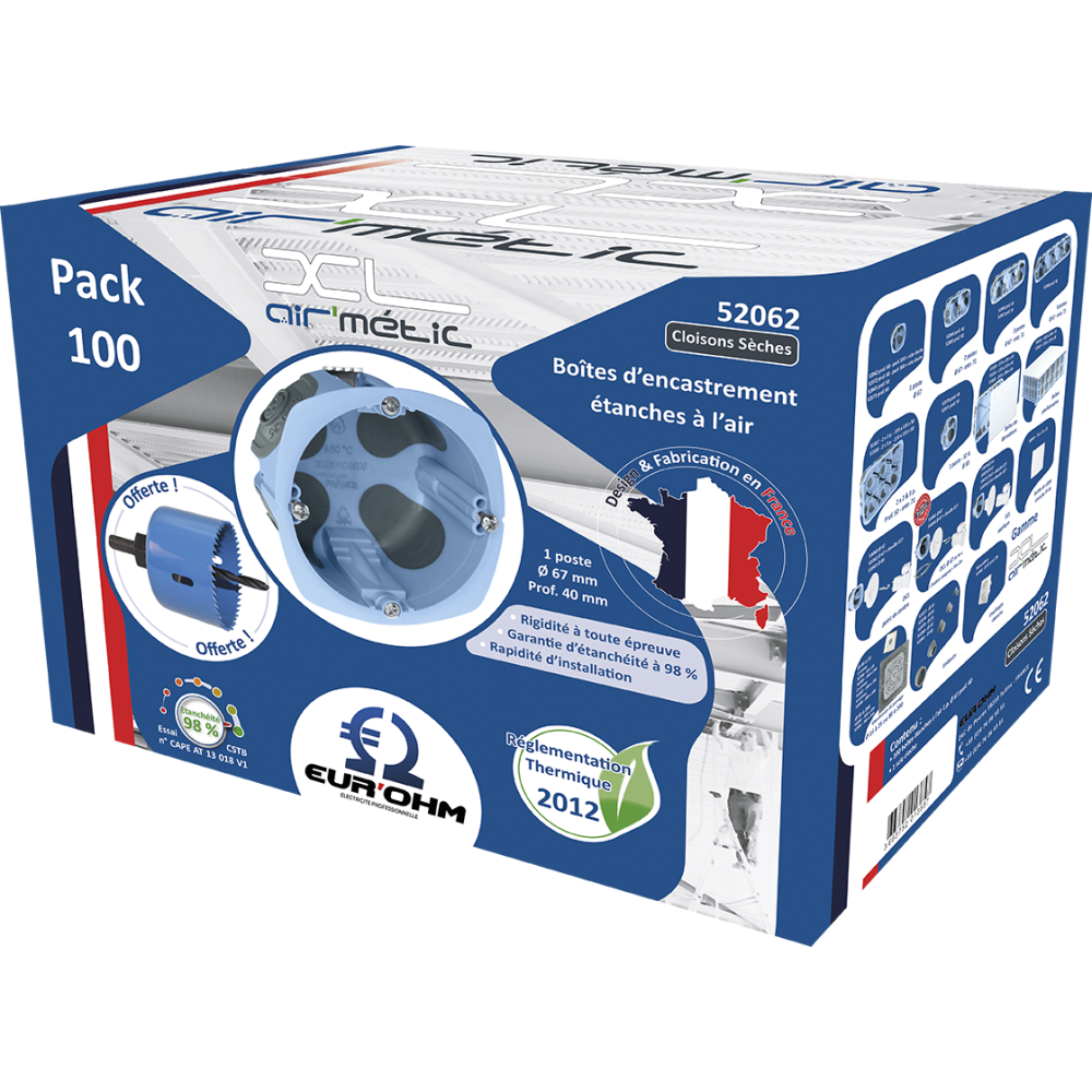 Lot van 100 luchtdichte inbouwdozen AIR'metic 1 positie 67x40mm RT2012 gratis gatenzaag EUR'OHM 52062