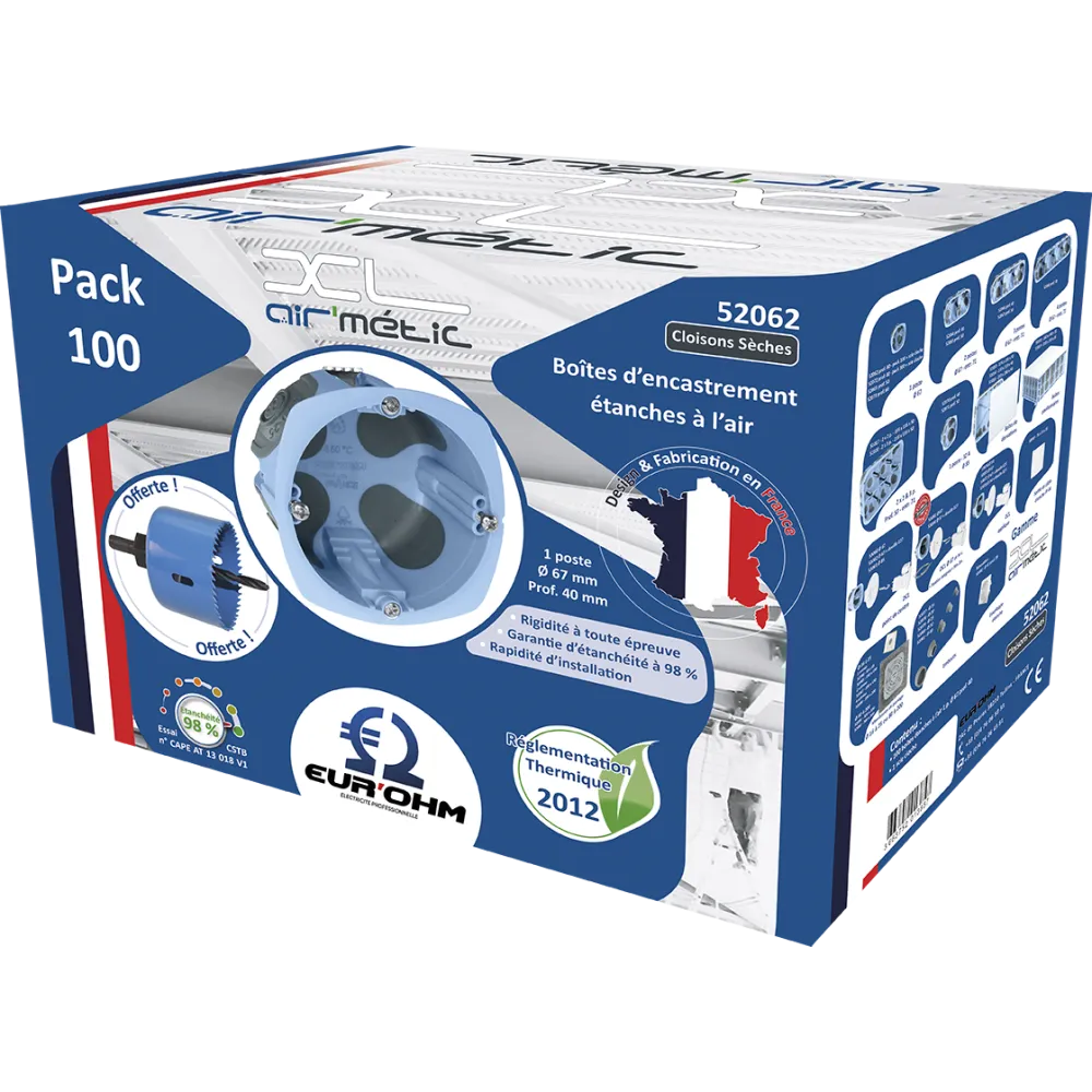 Lot van 100 luchtdichte inbouwdozen AIR'metic 1 positie 67x40mm RT2012 gratis gatenzaag EUR'OHM 52062