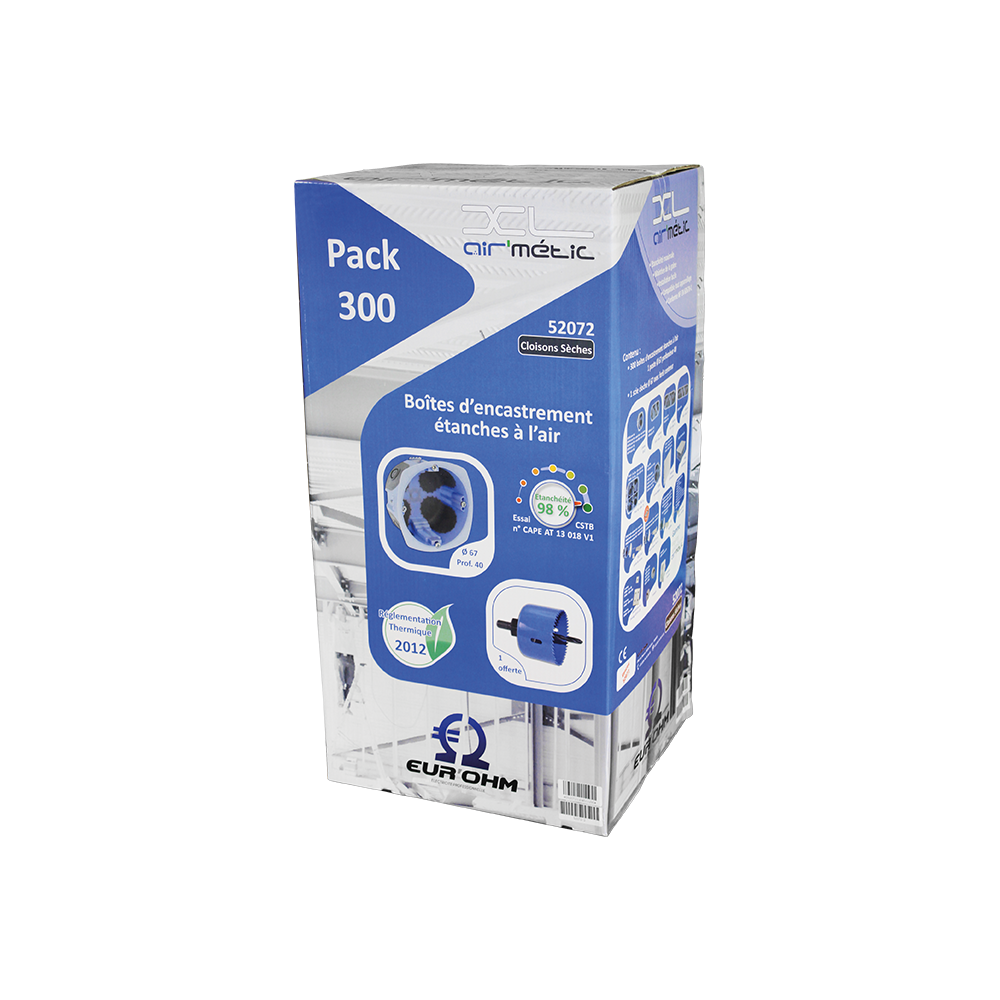 Luftdichte AIR'metic Einbaudose 1 Stelle 67x40mm RT2012 Kostenlose Lochsäge EUR'OHM 52072 - 300er Set