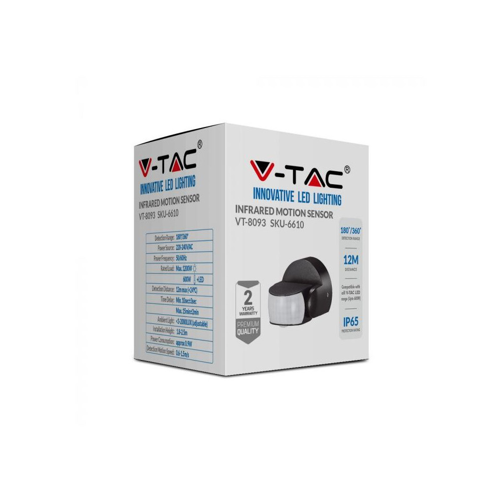 Détecteur de présence Infrarouge V-TAC Orientable IP65 START Noir VT-8093