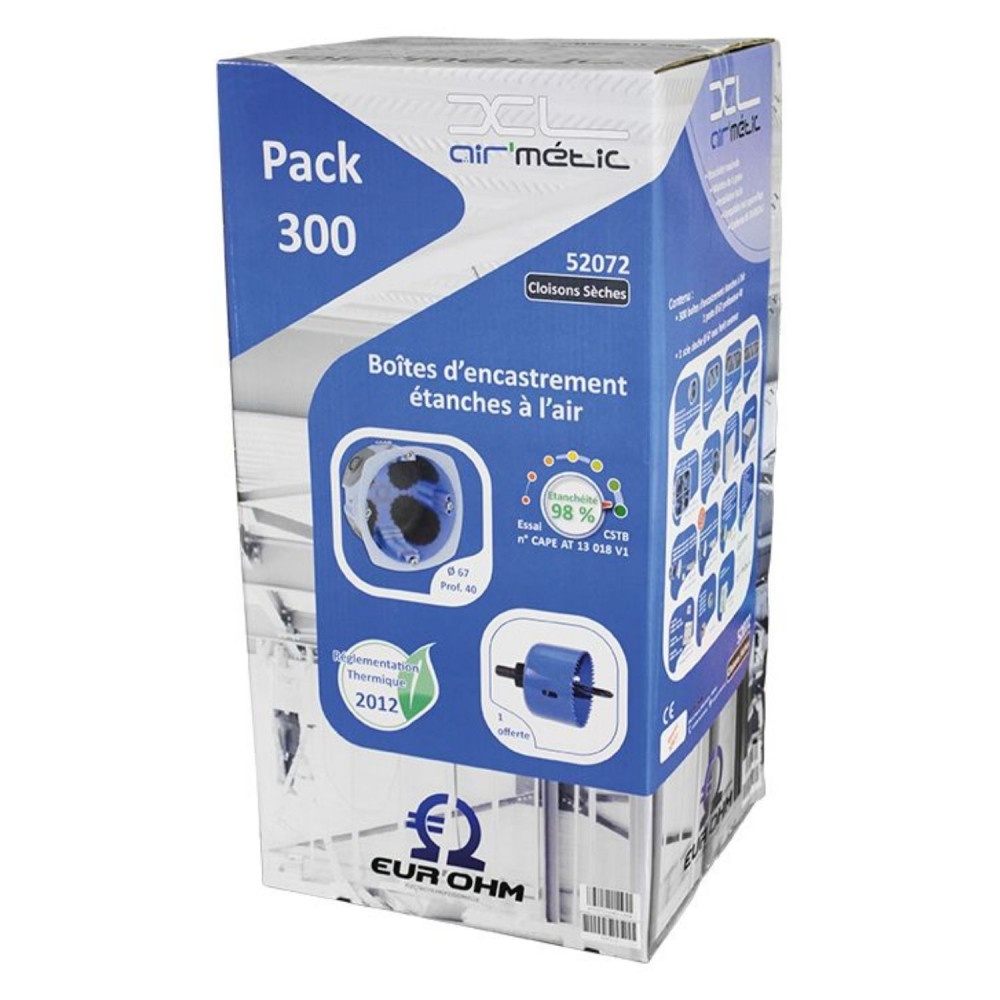 AIR'metic airtight flush-mounting box 1 gang 67x40mm RT2012 Free hole saw EUR'OHM 52072 - Pack of 300