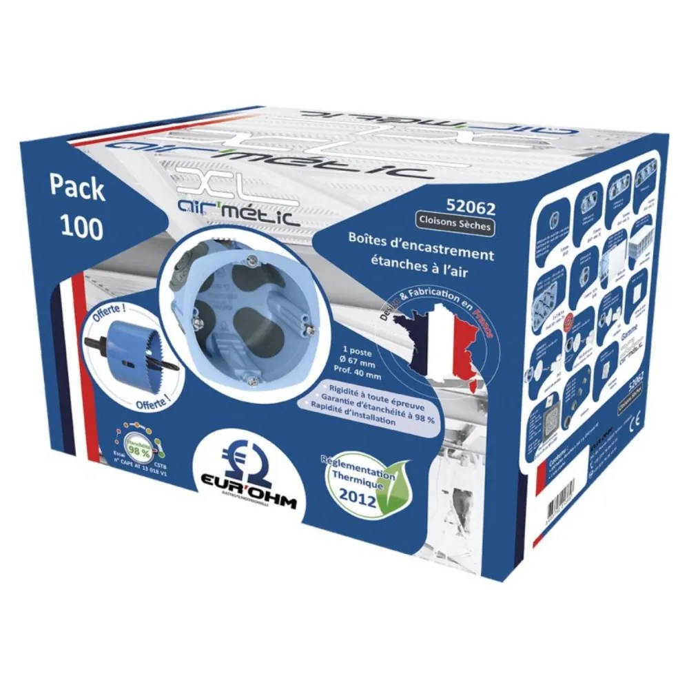 Lot de 100 Boîtes d'encastrement AIR'metic étanches à l'air 1 poste 67x40mm RT2012 Scie cloche offerte EUR'OHM 52062